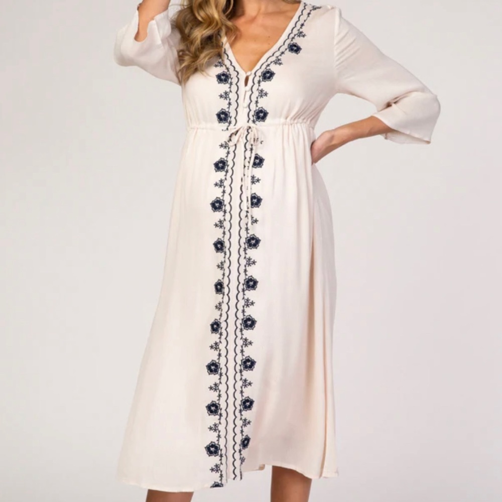 Maternity Beige Floral Embroidered 3/4 Sleeve Midi Dress - Worn Once